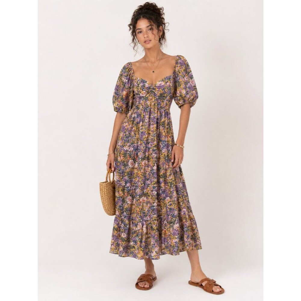 The Flourish Market Floral Puff Sleeve Midi Dress Size Small Cottagecore Boho